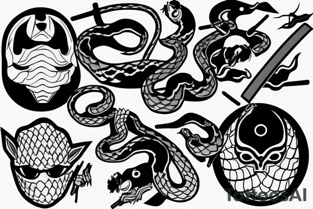 AN JAPANESE MASK, pierced by a katana, SPLIT diagonally, where  a snake emerge tattoo idea