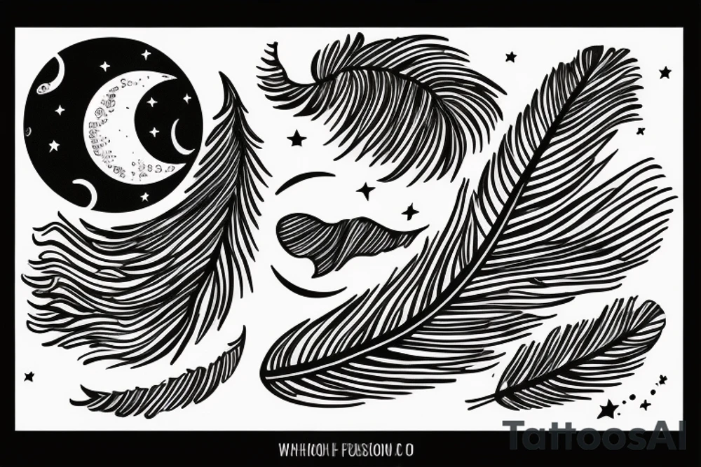 small line tattoo with the moon and a feather tattoo idea