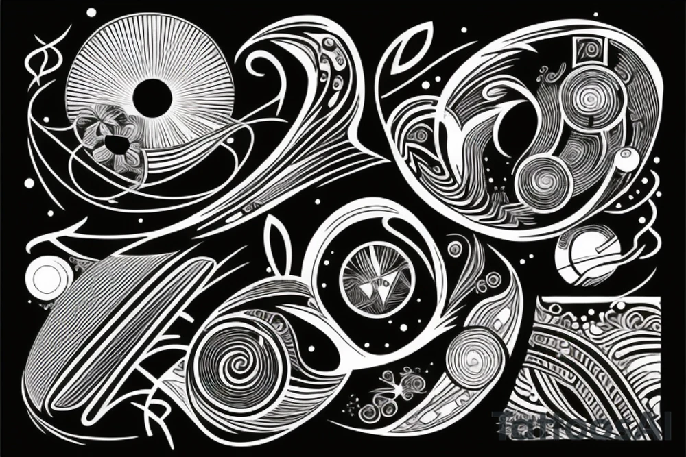 black tattoo with elements of space with elements of polynesia with lines tattoo idea