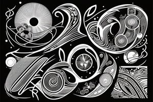 black tattoo with elements of space with elements of polynesia with lines tattoo idea