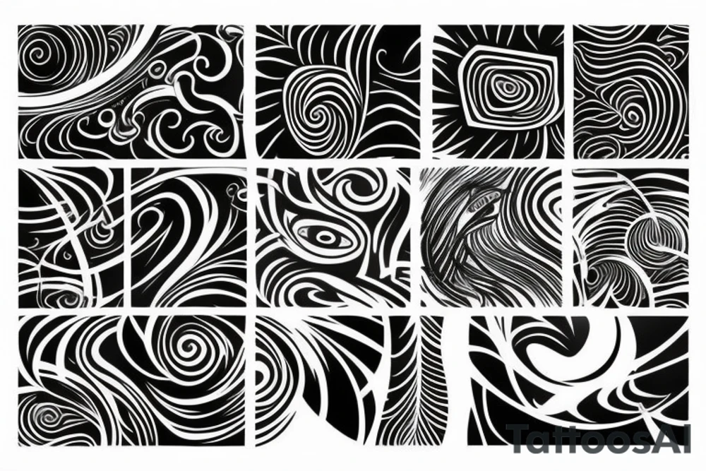 black tattoo with elements of space with elements of polynesia with lines tattoo idea