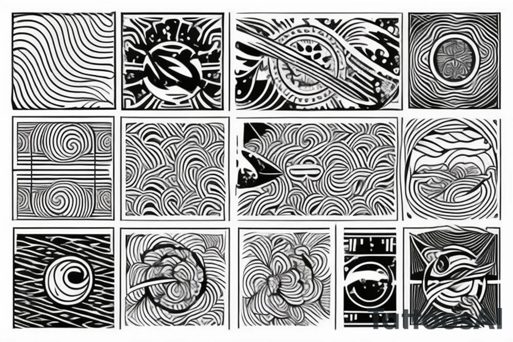 black tattoo with elements of space with elements of polynesia with lines tattoo idea