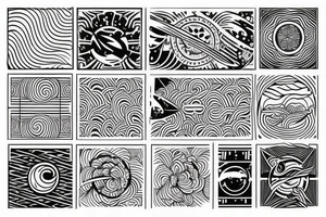 black tattoo with elements of space with elements of polynesia with lines tattoo idea
