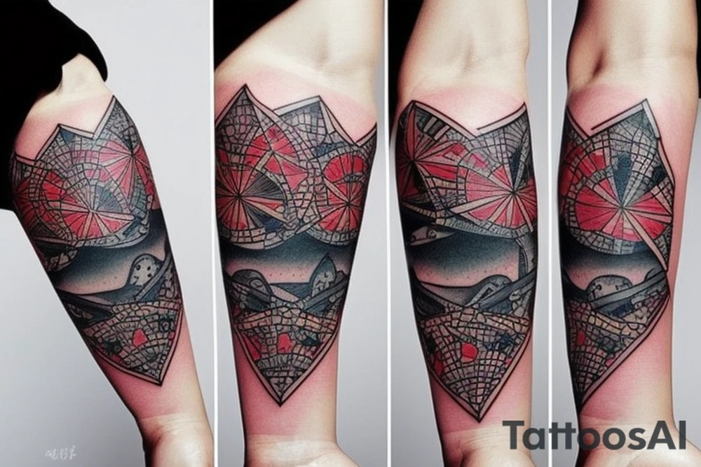 an unusual tattoo with very beautiful elements of space and a little red color tattoo idea