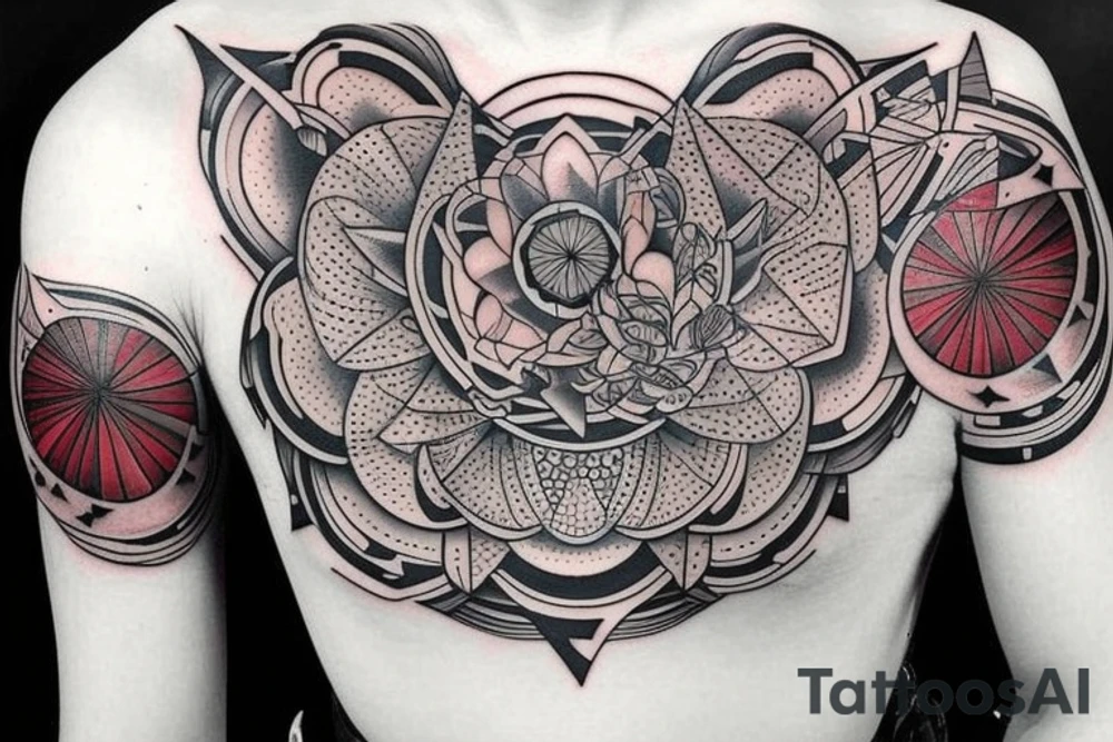an unusual tattoo with very beautiful elements of space and a little red on the shoulder tattoo idea