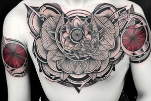 an unusual tattoo with very beautiful elements of space and a little red on the shoulder tattoo idea