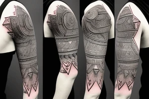 an unusual tattoo with very beautiful elements of space and a little red on the shoulder tattoo idea