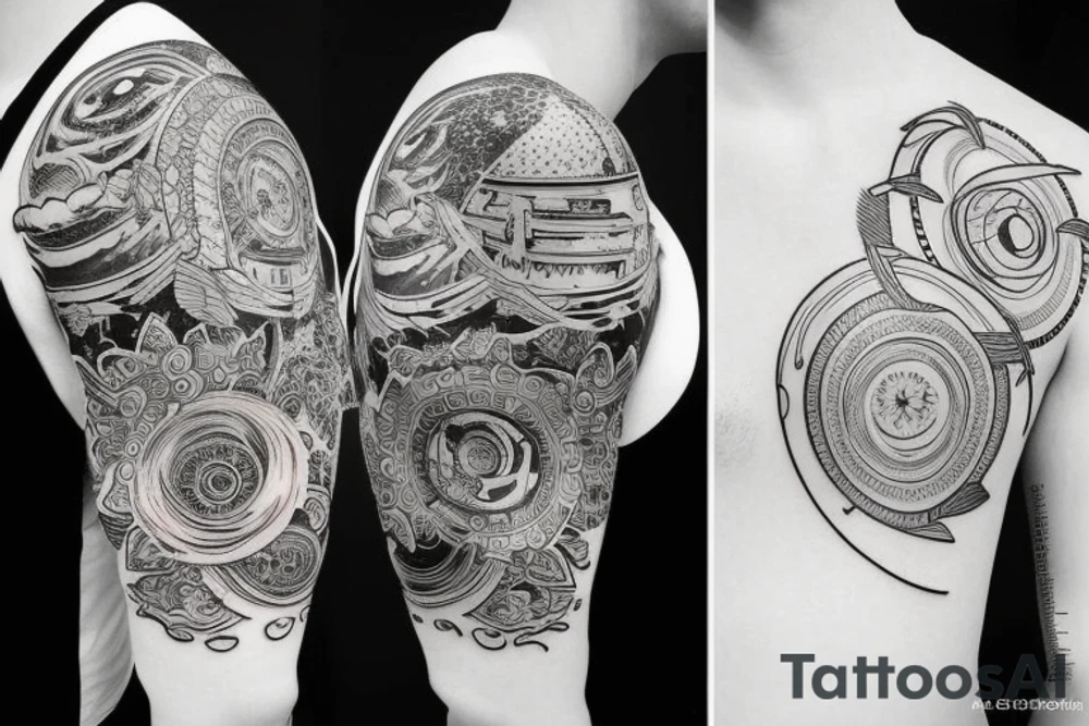 an unusual tattoo with very beautiful elements of space and a little red on the shoulder tattoo idea