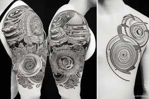 an unusual tattoo with very beautiful elements of space and a little red on the shoulder tattoo idea