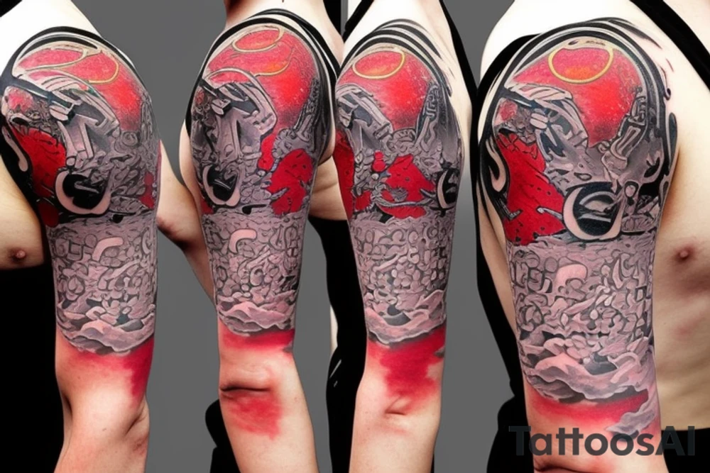 an unusual tattoo with very beautiful elements of space and a little red on the shoulder tattoo idea
