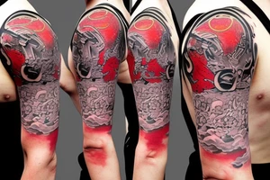 an unusual tattoo with very beautiful elements of space and a little red on the shoulder tattoo idea