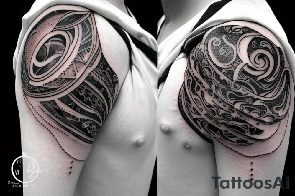 an unusual tattoo with very beautiful elements of space and a little red on the shoulder tattoo idea