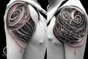 an unusual tattoo with very beautiful elements of space and a little red on the shoulder tattoo idea