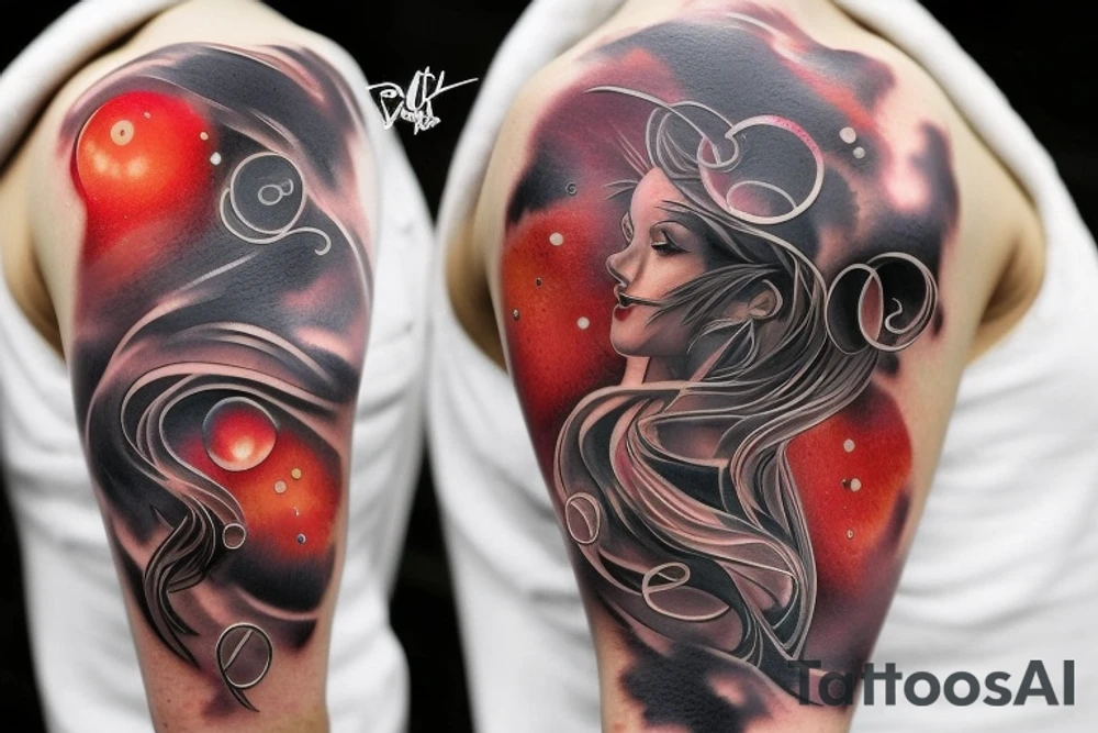 an unusual tattoo with very beautiful elements of space and a little red on the shoulder tattoo idea