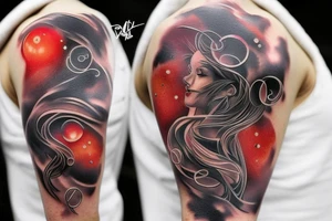 an unusual tattoo with very beautiful elements of space and a little red on the shoulder tattoo idea
