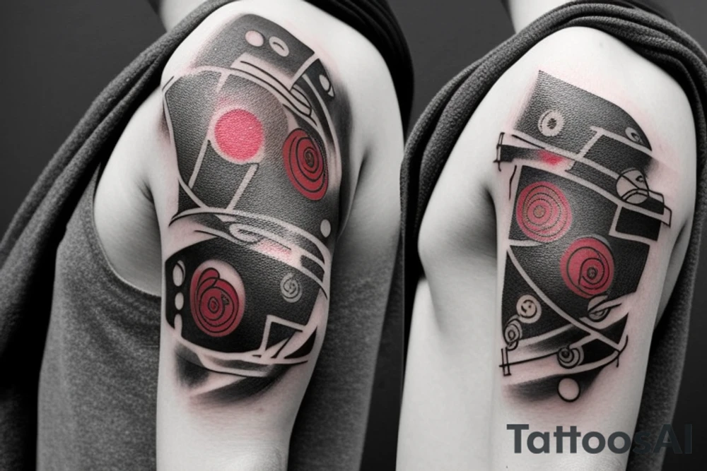 an unusual tattoo with very beautiful elements of space and a little red on the shoulder with the number 23 tattoo idea