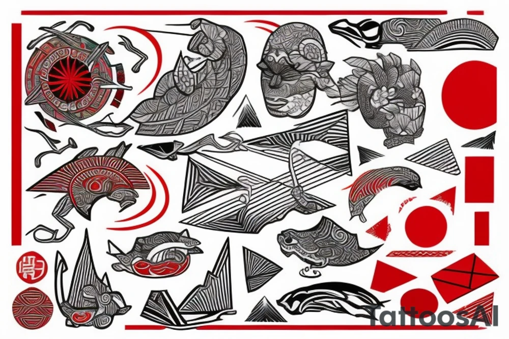 polynesia with elements of Japanese culture geometry with red color but a little bit of red tattoo idea