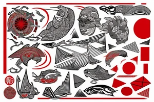 polynesia with elements of Japanese culture geometry with red color but a little bit of red tattoo idea