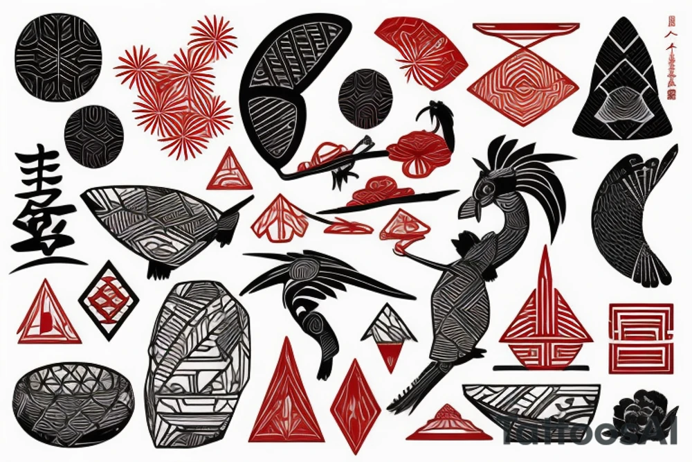 polynesia with elements of Japanese culture geometry with red color but a little red on the shoulder tattoo idea