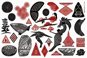 polynesia with elements of Japanese culture geometry with red color but a little red on the shoulder tattoo idea