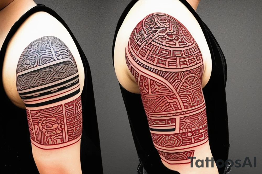 polynesia with elements of Japanese culture geometry with red color but a little red on the shoulder tattoo idea