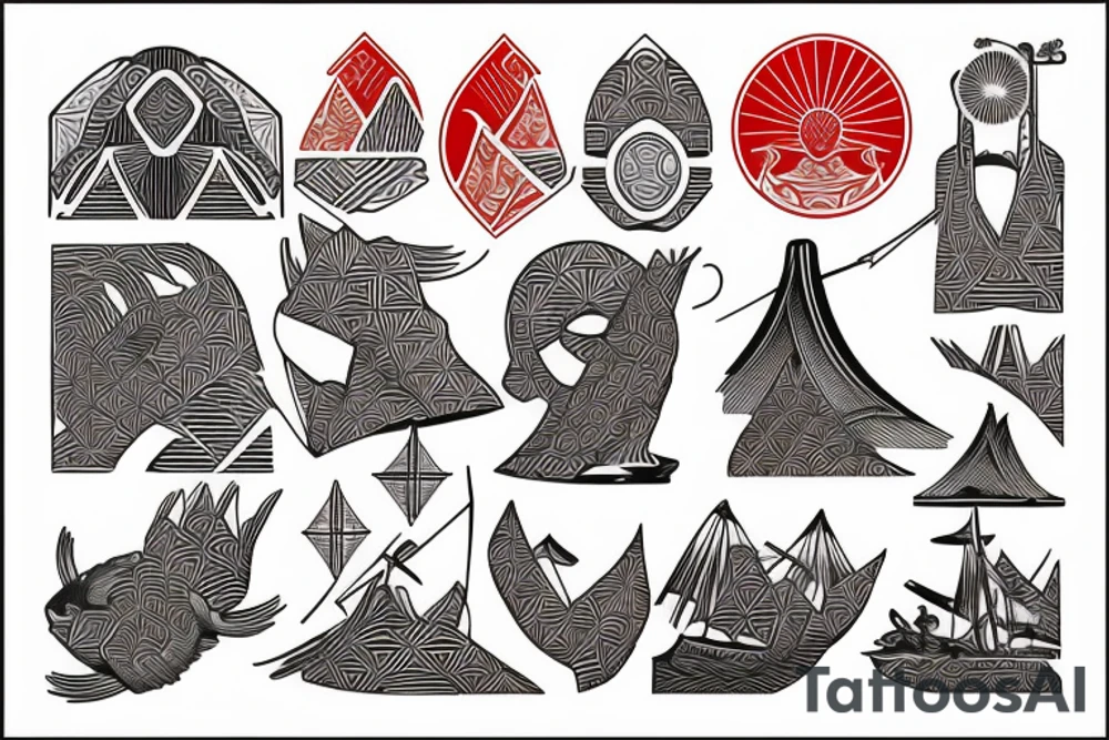polynesia with elements of Japanese culture geometry with red color but a little red on the shoulder tattoo idea