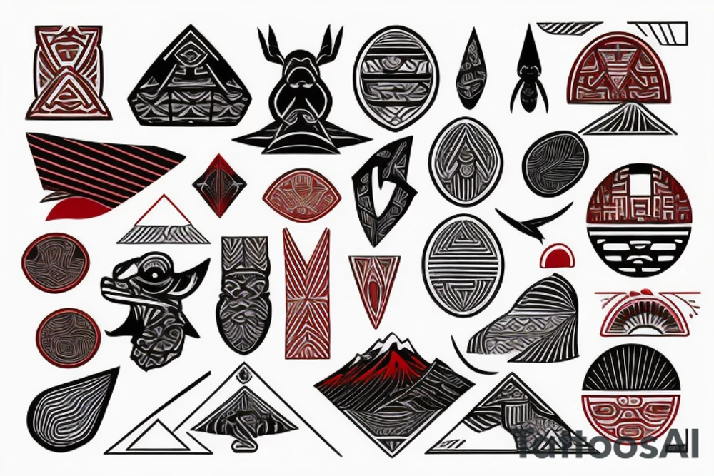 polynesia with elements of Japanese culture geometry with red color but a little red on the shoulder tattoo idea