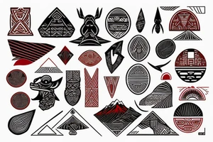 polynesia with elements of Japanese culture geometry with red color but a little red on the shoulder tattoo idea