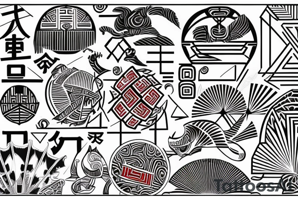 geometry polynesia with elements of Japanese culture geometry with red color but a little red on the shoulder tattoo idea