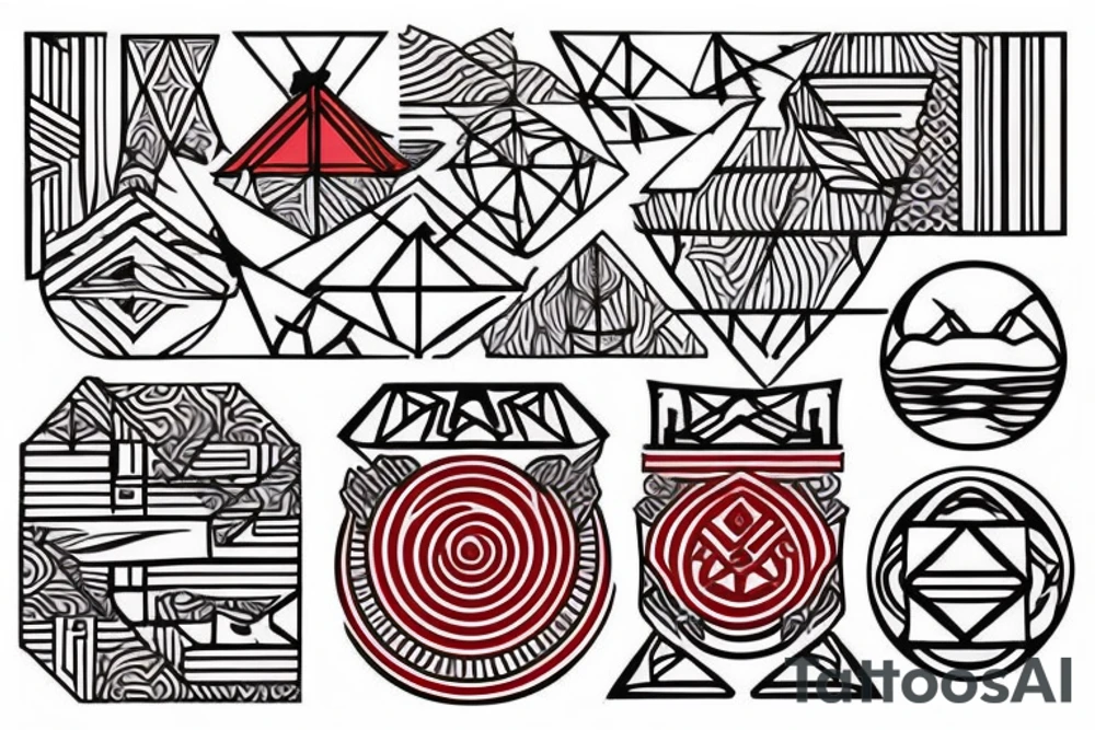 geometry polynesia with elements of Japanese culture geometry with red color but a little red on the shoulder tattoo idea
