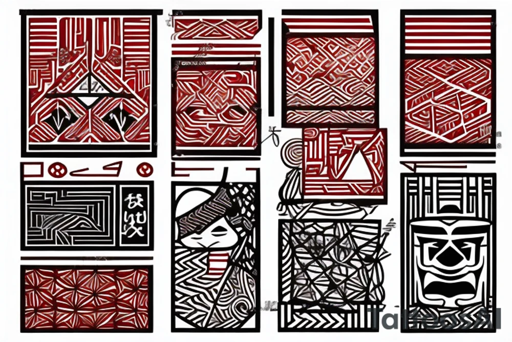 geometry polynesia with elements of Japanese culture geometry with red color but a little red on the shoulder realistic tattoo idea