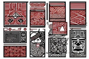 geometry polynesia with elements of Japanese culture geometry with red color but a little red on the shoulder realistic tattoo idea