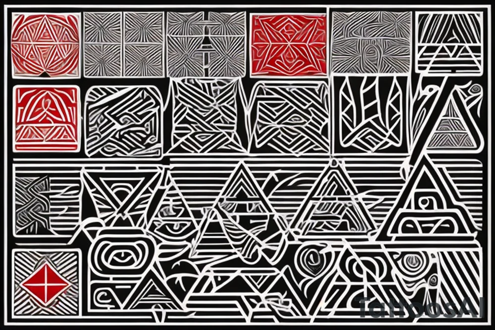 geometry polynesia with elements of Japanese culture geometry with red color but a little red on the shoulder realistic tattoo idea