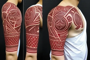 polynesia japanese culture space geometry with the addition of a small amount of red color all together on the shoulder tattoo idea