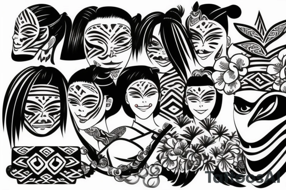 japanese face painted with polynesia on the shoulder tattoo idea