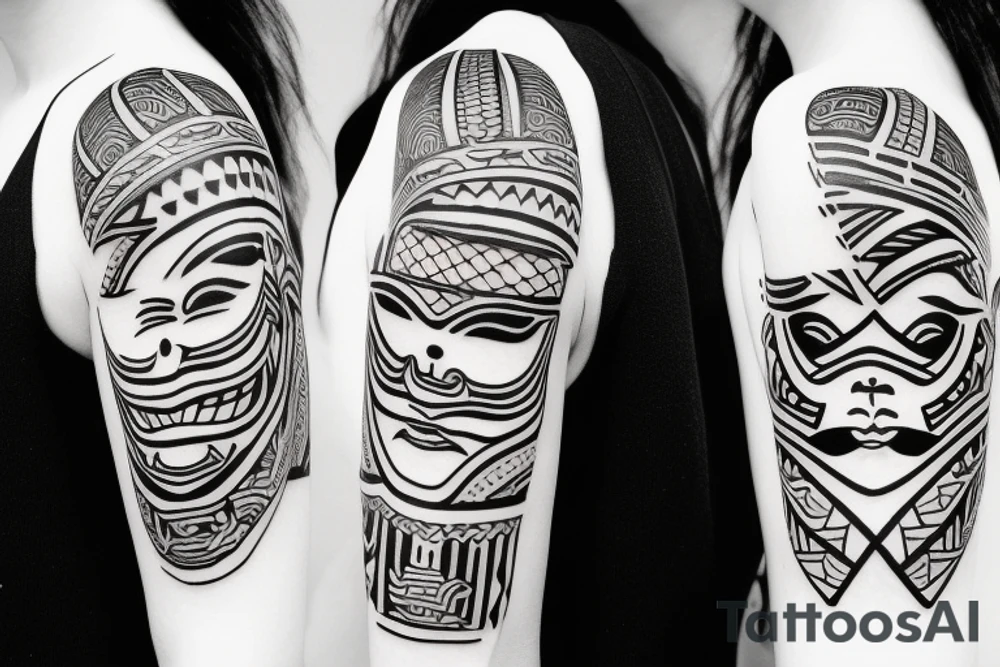 japanese face painted with polynesia on the shoulder tattoo idea