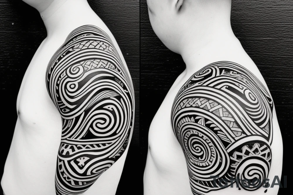 japanese face painted with polynesia on the shoulder tattoo idea
