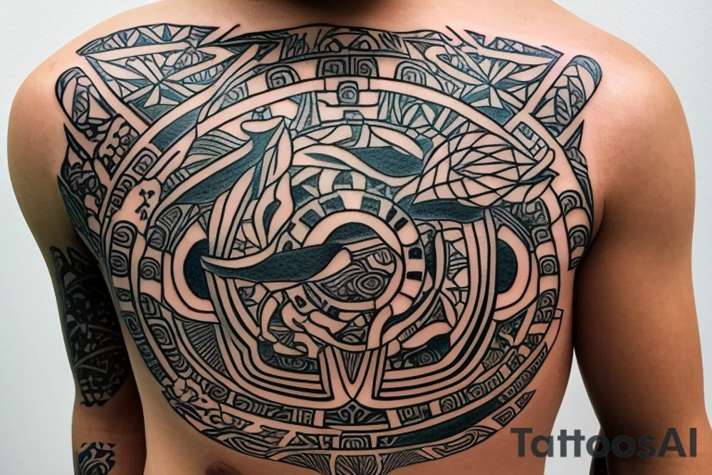 Polynesia in the center is a symbol of good luck surrounded by space with the addition of Japanese cultu на плече tattoo idea