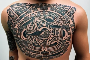 Polynesia in the center is a symbol of good luck surrounded by space with the addition of Japanese cultu на плече tattoo idea