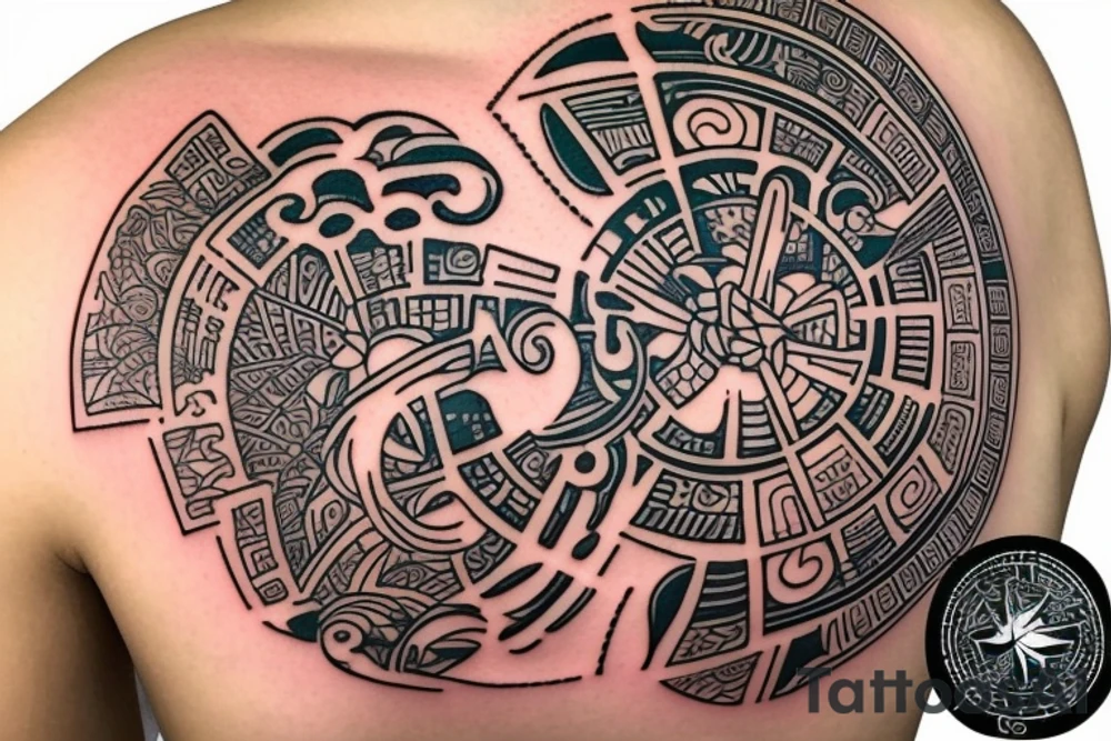 Polynesia in the center is a symbol of good luck surrounded by space with the addition of Japanese cultu на плече tattoo idea