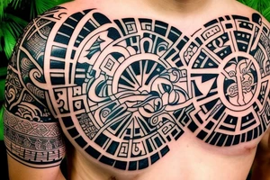 Polynesia in the center is a symbol of good luck surrounded by space with the addition of Japanese culture on the shoulder tattoo idea