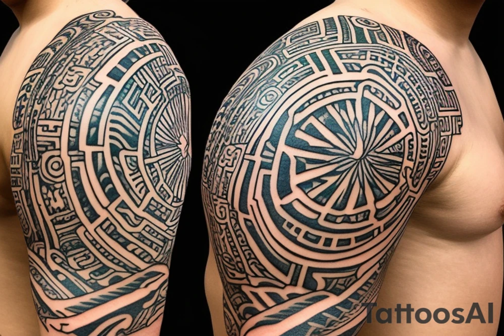 Polynesia in the center is a symbol of good luck space with the addition of Japanese culture on the shoulder tattoo idea