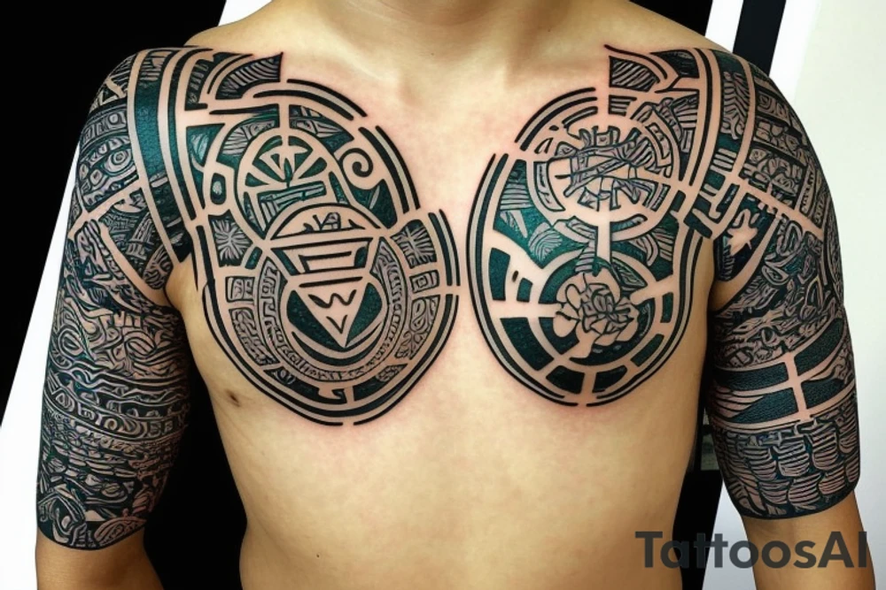 Polynesia in the center is a symbol of good luck space with the addition of Japanese culture on the shoulder tattoo idea