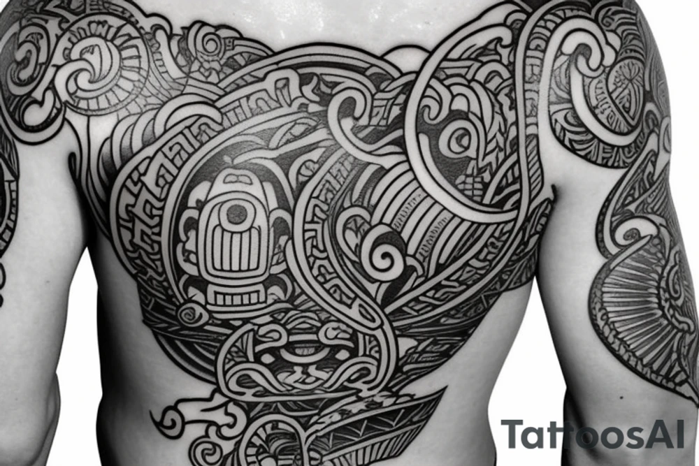 Polynesia in the center is a symbol of good luck space with the addition of Japanese culture on the shoulder tattoo idea