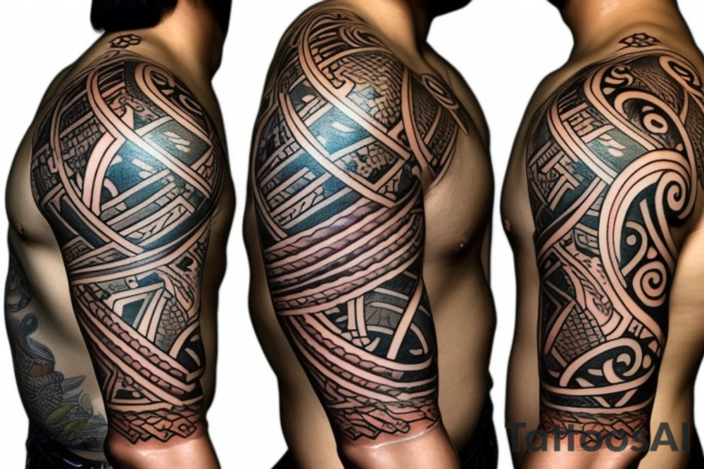 japanese samurai in polynesian style tattoo idea