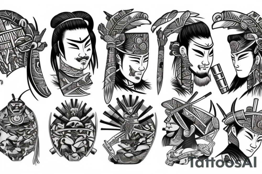 japanese samurai in polynesian style tattoo idea