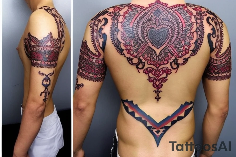 японский самурай в стиле полинезии с добавлением красного цвета tattoo idea