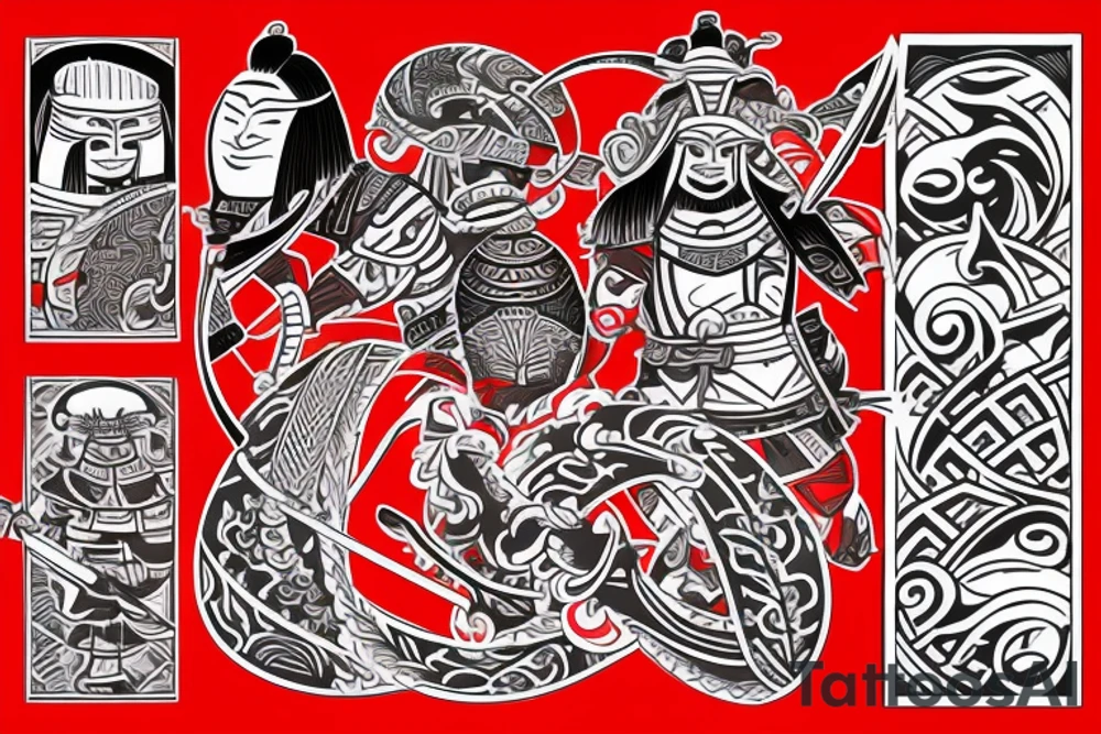 Japanese samurai in the style of Polynesian with the addition of red tattoo idea