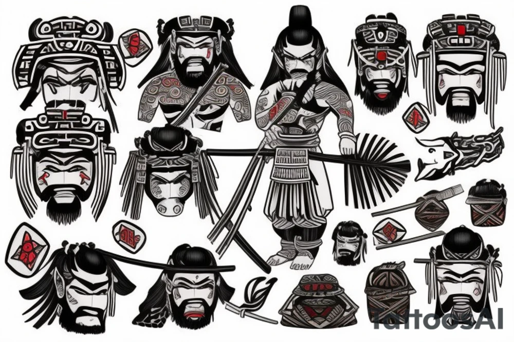 Japanese samurai in the style of Polynesian with the addition of red tattoo idea