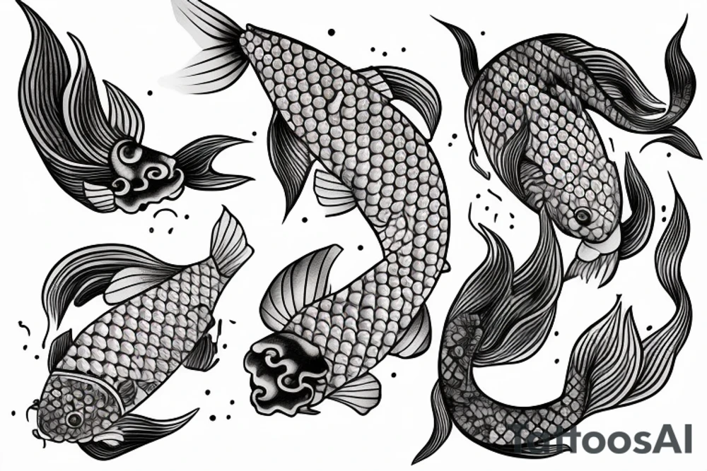 koi carp rising up with elements of the sea and flowers with the addition of geometry tattoo idea